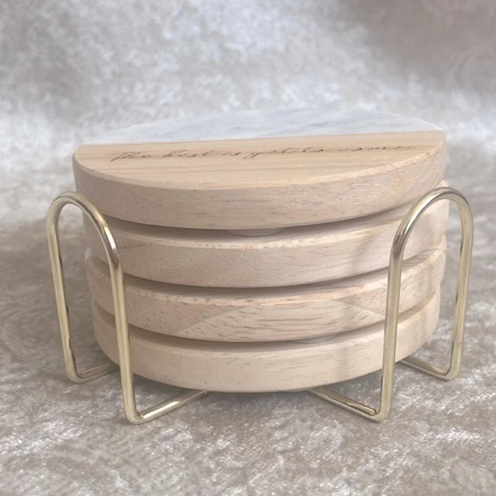 Brand New Genuine Marble & Organic Wood Coaster Set Engraved Gold Tone Holder